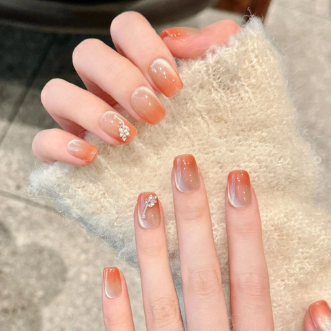 Unghie Finte Fatte a Mano Sfumate Rosa Arancio Effetto Occhio di Gatto Con Decorazione in Strass Elegante Nude Trasparente Ghiaccio per Donna Festa Quotidiana