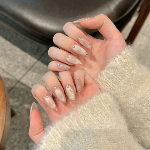 Uñas Postizas a Presión Color Champán Nude Efecto Ojo de Gato Forma Almendra Larga Con Diamantes de Imitación Mujer