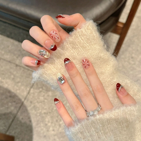 Handmade Wine Red Fireworks Cat Eye Press On Nails With Rhinestone Pearl Luxury French Gradient Fake Nails For New Year