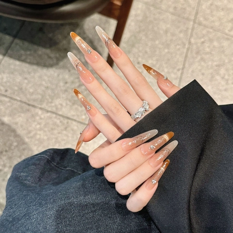 Uñas Postizas a Presión Hechas a Mano Stiletto Largo Degradado Ámbar Ojo de Gato Diamantes Estrás Estilo Francés Lujo Mujer