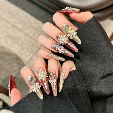 Luxurious Handmade Stiletto Press On Nails Pink Gold Cat Eye Design Rhinestone Artificial Pearl Snowflake Alloy Bow Fake Nails For Women