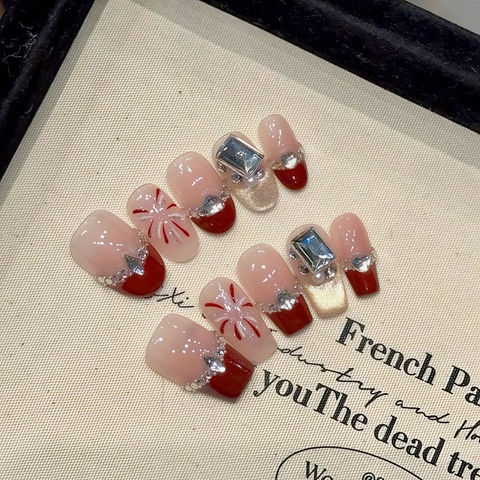 Handmade Wine Red Fireworks Cat Eye Press On Nails With Rhinestone Pearl Luxury French Gradient Fake Nails For New Year