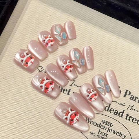 Handgefertigte Chinesische Neujahr Löwentanz Relief Nägel Zum Aufpressen Rosa Katzenauge Perle Strass 3D Dekor Damen Kunstnagel Set