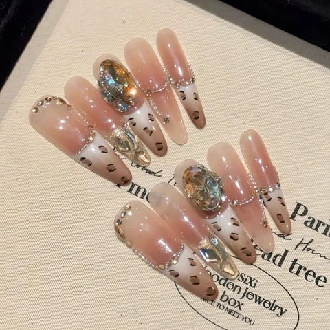 Unghie Finte a Pressione Fatte a Mano Lusso Stampa Leopardata Ballerina Lunga Rosa Nude Champagne Strass Perla Artificiale Unghie