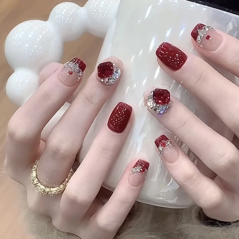Red French Rhinestone Press On Nails Short Square Artificial False Nails For Women Christmas New Year Resin Manicure