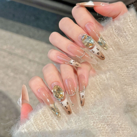 Unghie Finte a Pressione Fatte a Mano Lusso Stampa Leopardata Ballerina Lunga Rosa Nude Champagne Strass Perla Artificiale Unghie