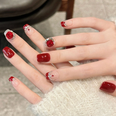 Red French Rhinestone Press On Nails Short Square Artificial False Nails For Women Christmas New Year Resin Manicure