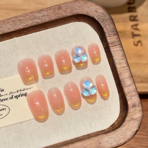 Handmade Peach Pink Gradient Press On Nails With 3D Flowers Cat Eye Shimmer Oval Square Wearable Fake Nails For Women