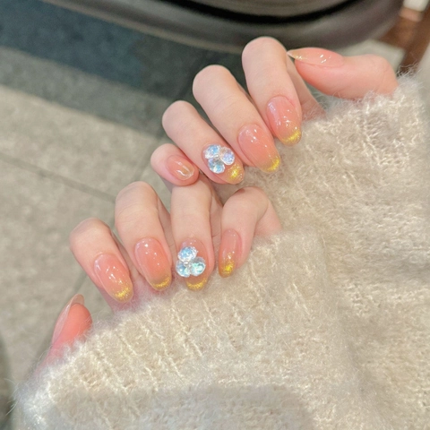 Handmade Peach Pink Gradient Press On Nails With 3D Flowers Cat Eye Shimmer Oval Square Wearable Fake Nails For Women
