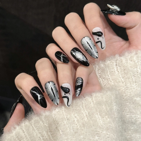 Uñas Postizas Estilo Gótico Oscuro Ojo de Gato Hechas a Mano de Resina Almendra Stiletto Diseño 3D Serpiente Cráneo Ojo para Mujer Halloween