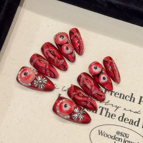 Unghie Finte Gotico Rosso Scuro 3D Bulbo Oculare Punk Croce Fatto a Mano Occhio di Gatto Per Halloween Festa Donna Accessori