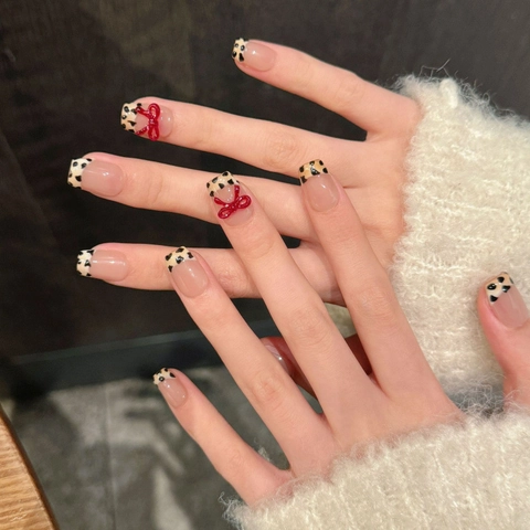 Handmade Press On Nails Leopard Print French Style Red 3D Bowknot Short Square False Nails For Women Daily Manicure