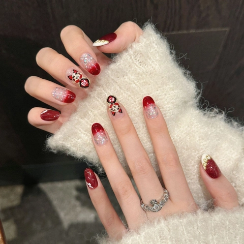 Uñas Postizas Hechas a Mano Gato de la Suerte Rojo Degradado Purpurina Dorada Diseño 3D Gato para Mujer Decoración