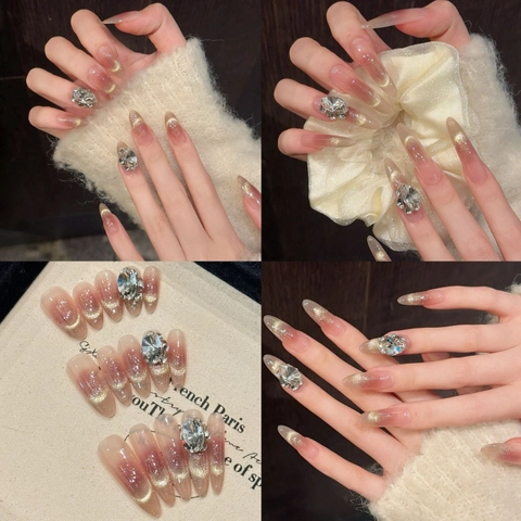 Handgefertigte Aufdrucknägel Rosa Katzenauge Mandel Stiletto Nägel Mit Strass Luxus Lange Wiederverwendbare Fingernägel Damen