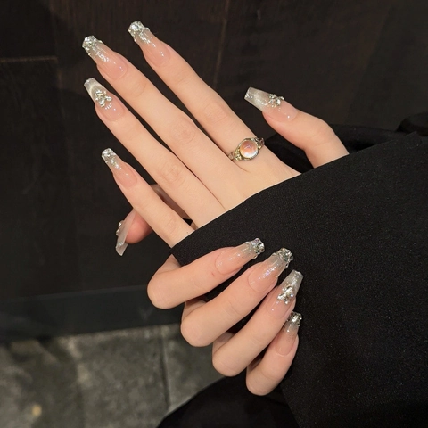 Handgemaakte Luxe Kattenoog Gradiënt Plaknagels Met 3D Vlinder Strass Lange Coffin Kunstnagels Voor Vrouwen Sieraden
