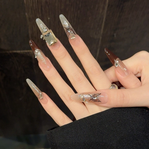 Handmade French Press On Nails With Butterfly Artificial Pearl Rhinestone Maillard Blush Brown Almond Shape Artificial Nails For Women