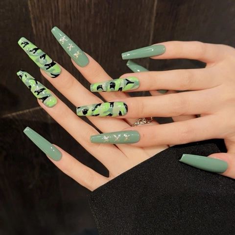 Long Coffin Press On Nails Sage Green Camouflage Star Design Artificial Nails For Women Fashion Handmade False Nails