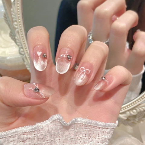 Handmade Gradient Cat Eye Press On Nails Blush Pink 3D Bow Heart Rhinestone Artificial Pearl Sweet Fashion Manicure For Women