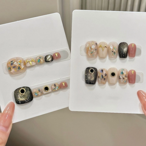Handmade Press On Nails Set Vintage Mother of Pearl Cat Eye Coffin Fake Nails For Women Luxury Rhinestone Foot Hand Matching Nails