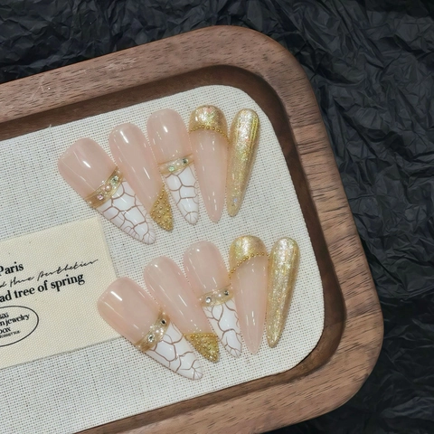 Unghie a Pressione Fatte a Mano Nudo Rosa Marmo Con Strass Glitterati Oro Perle Artificiali Eleganti Unghie Finte Stiletto Donna