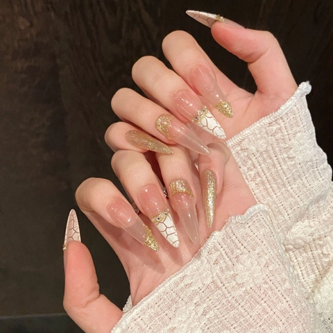 Unghie a Pressione Fatte a Mano Nudo Rosa Marmo Con Strass Glitterati Oro Perle Artificiali Eleganti Unghie Finte Stiletto Donna