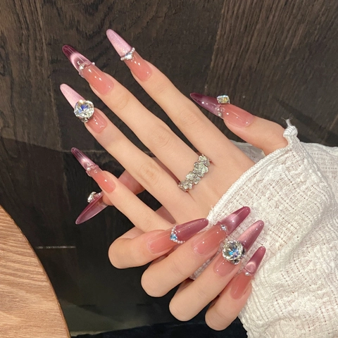 Handgefertigte Luxus Lila Farbverlauf Katzenauge Kunstnägel Mit Strass Künstliche Perle Stern Sanft Lange Falsche Nägel