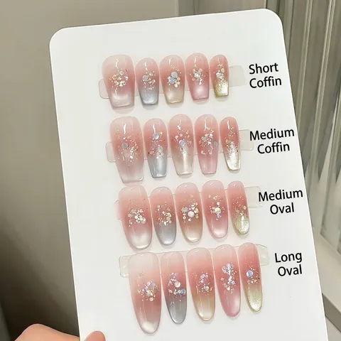 Unghie Finte Fatte a Mano Occhio di Gatto Rosa Sfumato Scintillanti con Strass Lussuose Unghie Artificiali da Donna Decorazione Quotidiana