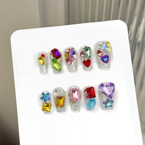 Unghie Finte a Pressione di Lusso Fatte a Mano con Strass Argento Glitter Cristallo Colorato Cuore Stella Design DIY Donna