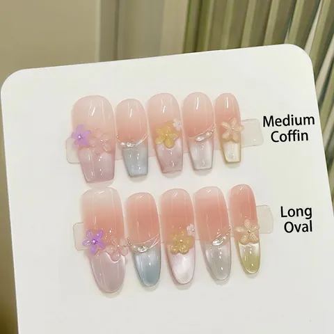 Handgefertigt Katzenauge Künstliche Nägel 3D Harz Blume Strass Künstliche Perle Französisch Sarg Oval Fake Nails