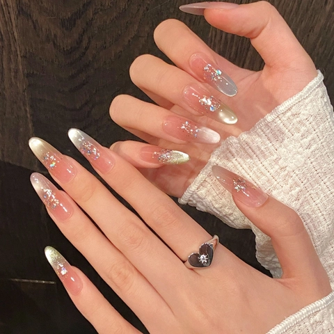 Unghie Finte Fatte a Mano Occhio di Gatto Rosa Sfumato Scintillanti con Strass Lussuose Unghie Artificiali da Donna Decorazione Quotidiana