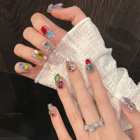 Unghie Finte a Pressione di Lusso Fatte a Mano con Strass Argento Glitter Cristallo Colorato Cuore Stella Design DIY Donna