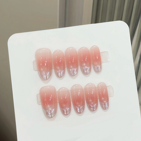 Handgefertigte Blush Verlaufsfarbe Französische Spitze Künstliche Fingernägel Natürliche Ovale Kunstnägel Hochglanz Katzenauge Für Damen
