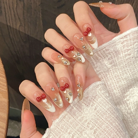 Unghie Finte Fatte a Mano Effetto Occhio di Gatto Francese Fiocco Rosso Cuore Design Strass Unghie Lunghe Per Donna