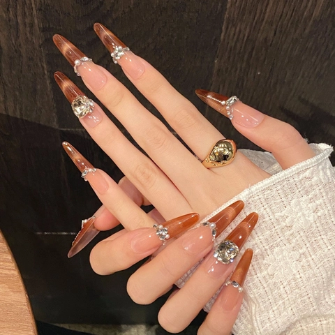 Handgemaakte Bruine Ombre Kattenoog Kunstnagels Met Strass Kunstparel Voor Vrouwen Lange Amandel Franse Nagels