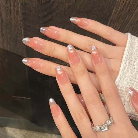 Handgefertigte Blush Verlaufsfarbe Französische Spitze Künstliche Fingernägel Natürliche Ovale Kunstnägel Hochglanz Katzenauge Für Damen