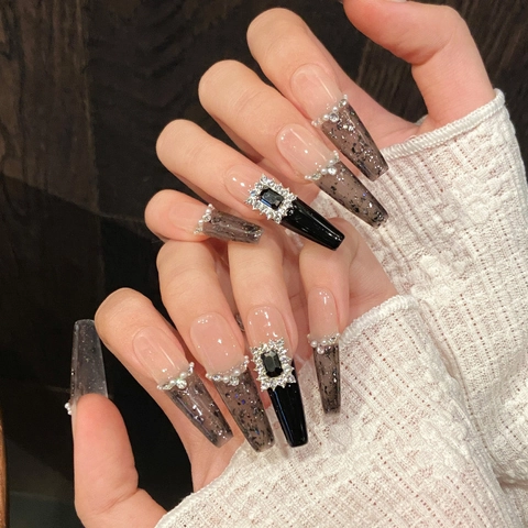 French Elegant Black Gradient Long Coffin Press On Nails With Artificial Pearl And Rhinestone Handmade Fake Nails For Women
