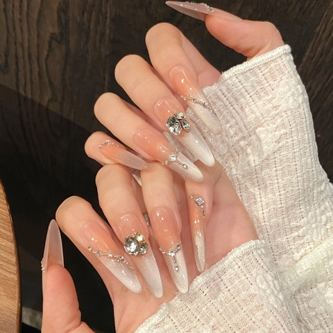 Handmade Long Stiletto Press On Nails Peach Pink Gradient Cat Eye Fake Nails With Rhinestones Stars Luxury Glue On Nails For Women