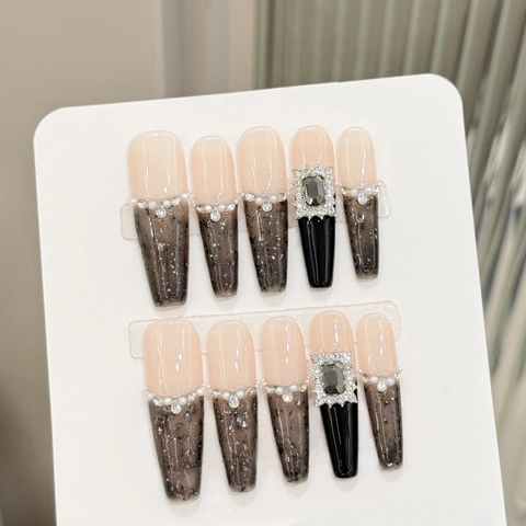 French Elegant Black Gradient Long Coffin Press On Nails With Artificial Pearl And Rhinestone Handmade Fake Nails For Women