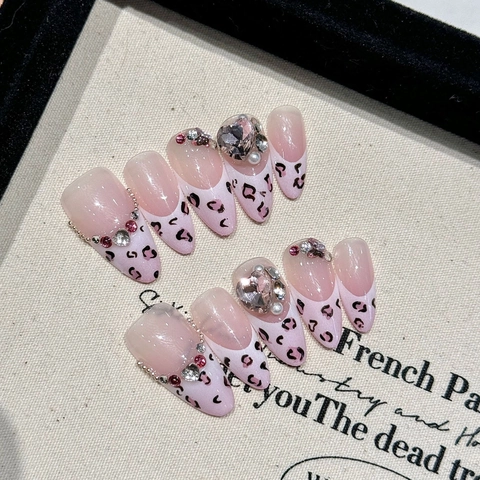 Unghie a Pressione Francesi Leopardo Rosa Fatte a Mano Con Strass a Cuore Lunghe a Mandorla Unghie Finte Donna