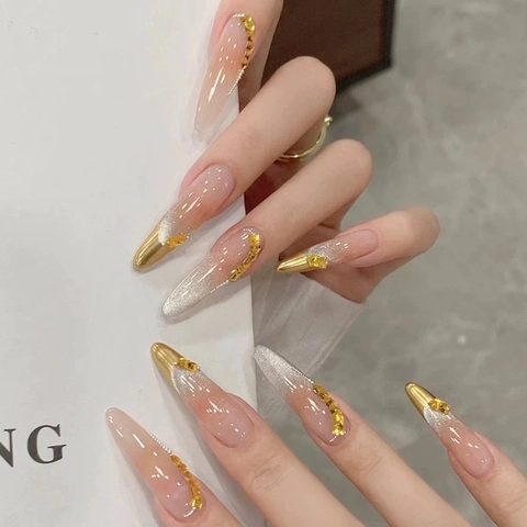 Handmade Luxury Almond Press On Nails Gold Mirror French Cat Eye Rhinestone Chain Design Reusable Fake Nails For Women Daily Party