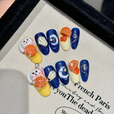 Unghie Finte a Pressione Artigianali 3D Coniglio Luna Blu Giallo Resina Unghie Finte Dolce Carino Cielo Stellato Decorativo Manicure