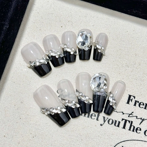 Faux Ongles à Presser Cercueil Français Noir Avec Strass Luxueux Faits à la Main Réutilisables Pour Femmes Fête Manucure