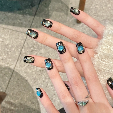 Handmade Black Press On Nails Featuring 3D Blue Green Cat Eye Bubbles And Gold Foil Accents Short Square Round Fake Nails