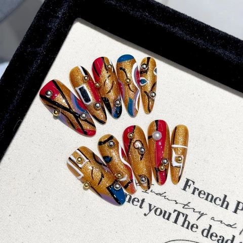 Egyptian Prince Style Handmade Stiletto Press On Nails Gold Glitter Abstract Geometric Lines 3D Metal Bead Wearable Nails
