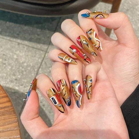 Egyptian Prince Style Handmade Stiletto Press On Nails Gold Glitter Abstract Geometric Lines 3D Metal Bead Wearable Nails