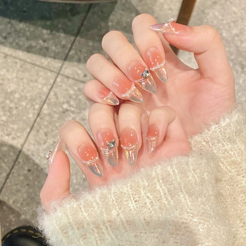 Uñas Postizas Hechas a Mano Degradado de Rubor Francés Forma Almendra Con Mariposa Perla Artificial Strass Mujer