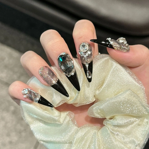 Uñas Postizas Hechas a Mano Negro Lujo Francés Estilo Gótico Con Diamantes de Imitación Perla Artificial Brillo para Mujer Uñas