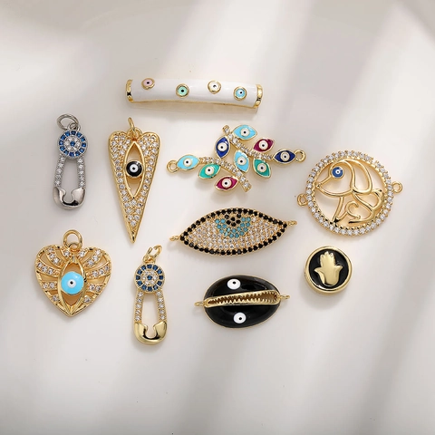 Colgante de Mal de Ojo de Cobre y Circonia para Hacer Joyas DIY Ojo Azul Corazón Mano de Fátima Colgante para Collar Accesorio