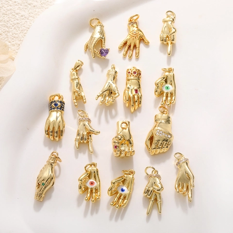 Copper Gold Plated Hand Gesture Charms Evil Eye Heart Hamsa Hand Pendant DIY Jewelry Making Findings For Necklace Bracelet Women