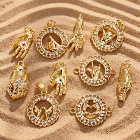 Gold Plated Copper Gesture Pendants With Rhinestones For Jewelry Making Necklace Bracelet Accessory Hand Shape Coral Charms